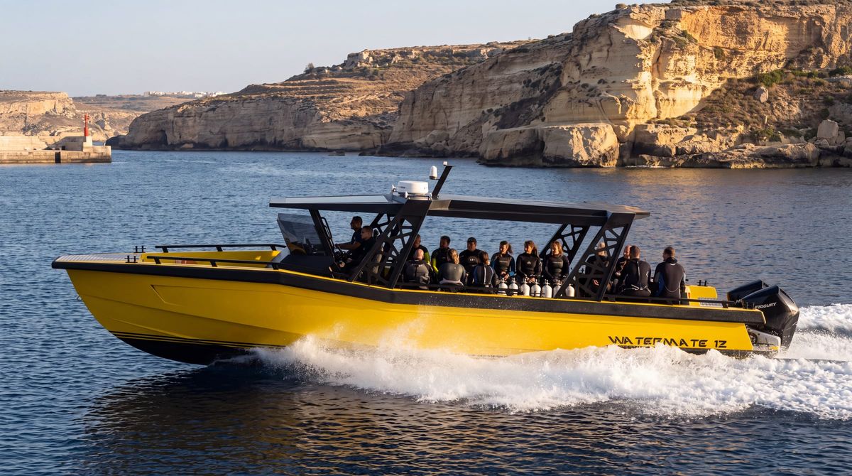 AI concept render of the AO12 Safari passenger boat in its hardtop diver configuration running below a line of cliffs