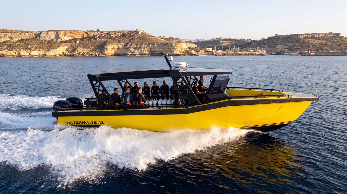 AI-generated image of the AO12 Safari in its hardtop diver configuration running with a dive party aboard, cylinder racks down the centre of the deck