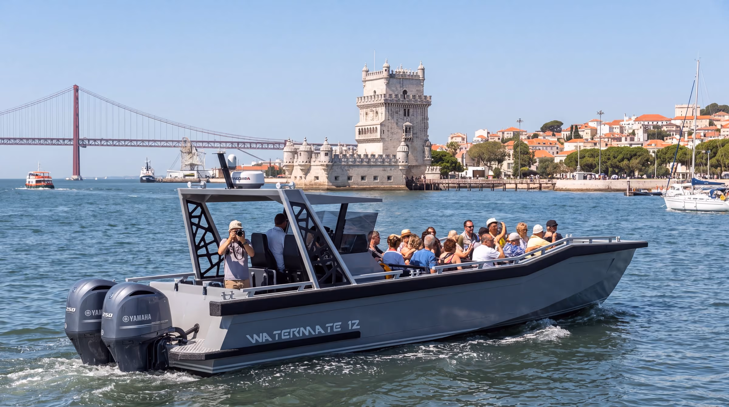 AI concept render of the AO12 Safari passenger boat in its open-deck configuration on a city waterfront, passengers seated in the open forward of the helm console under its T-top