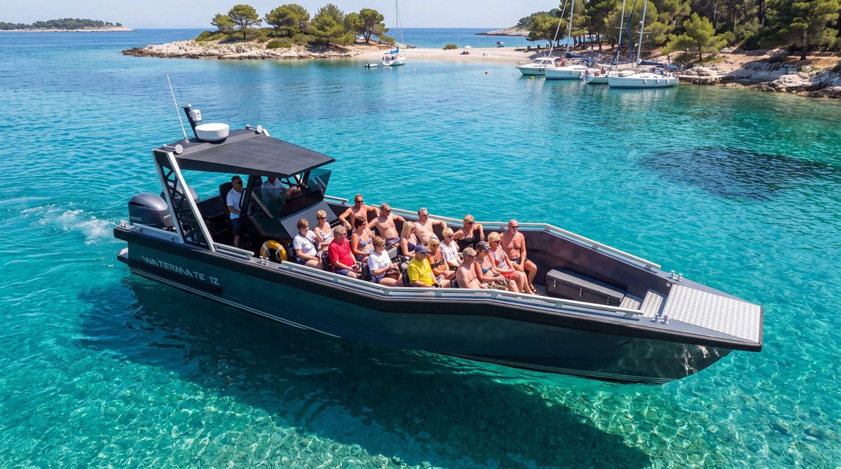 AI-generated image of the AO12 Safari seen from above at anchor in clear water, showing the whole open passenger deck and the bench rows