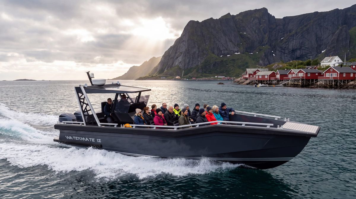 AI-generated image of the AO12 Safari running in a northern fjord, passengers in cold-weather clothing on the open deck with no roof above them