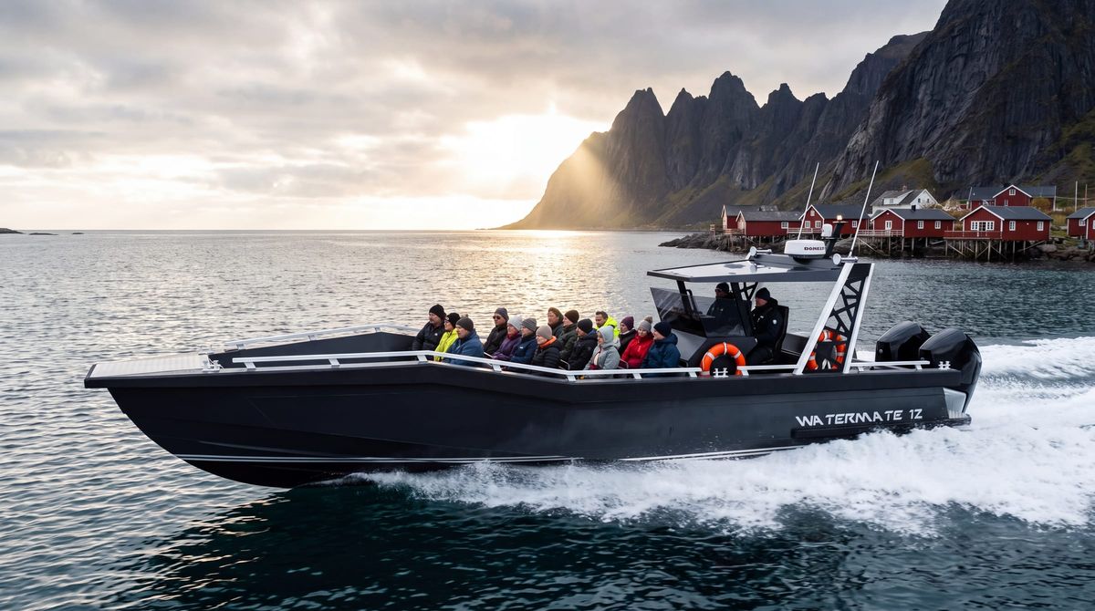 AI concept render of the AO12 Safari passenger boat underway at sunset on open water, passengers on the deck silhouetted against the light