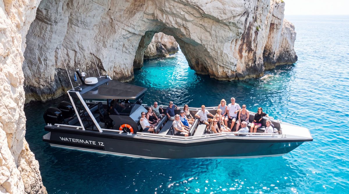 AI concept render of the AO12 Safari passenger boat close in under a rock face with passengers on the open deck looking up at it