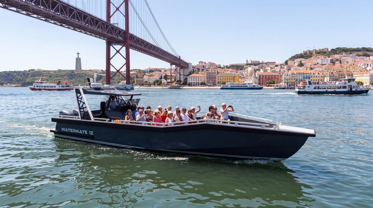 AI concept render of the AO12 Safari passenger boat passing under a road bridge with passengers seated on the open deck