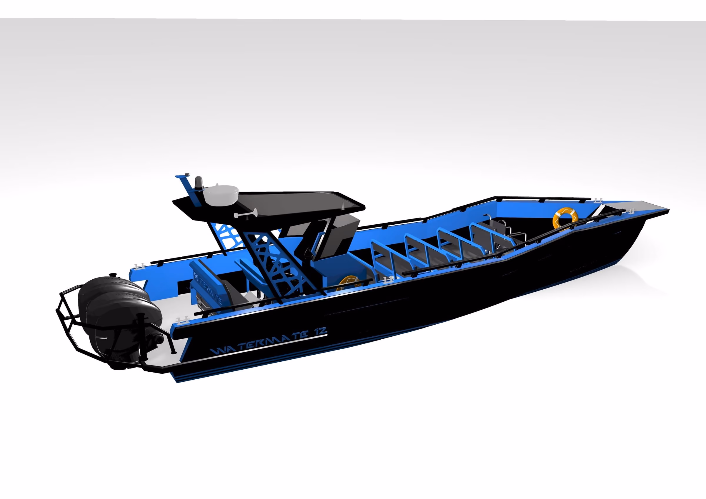 Design render of the AO12 Safari showing the five passenger bench rows running forward from the helm console