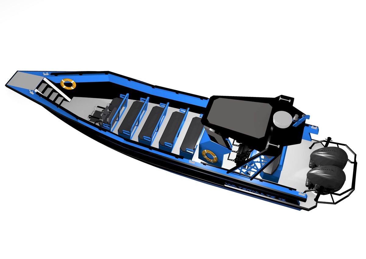Design render of the AO12 Safari passenger boat seen from above, showing the open passenger deck with no roof over the bench rows