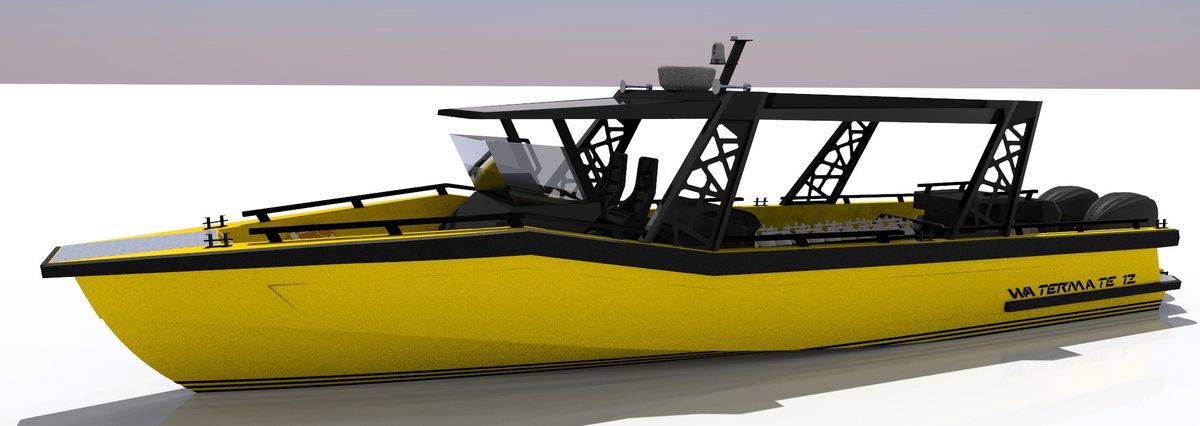 Design render of the AO12 Safari passenger boat in the hardtop diver configuration, seen from the bow quarter, with the yellow hull, the black lattice-framed hardtop over the helm and the open working deck aft