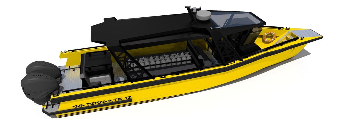 Design render of the AO12 Safari passenger boat deck in the hardtop diver configuration, the cylinder racks loaded and running down the centre