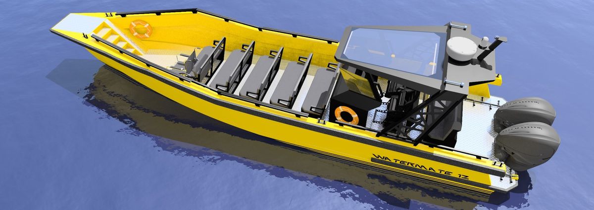 Design render of the AO12 Safari passenger boat deck seen from the bow in the hardtop diver configuration, the helm console forward and the bench seating behind it