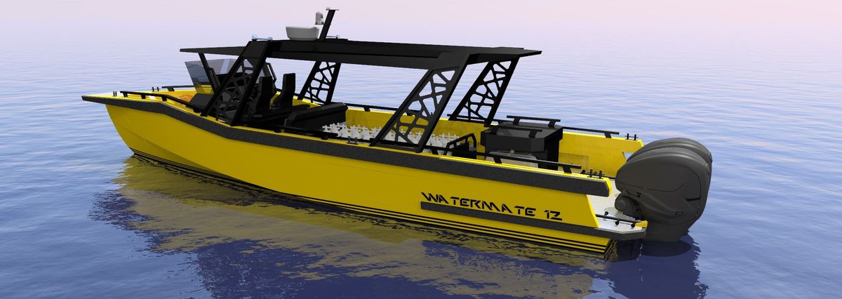 Design render of the AO12 Safari passenger boat in the hardtop diver configuration seen from the stern quarter, the outboards aft and the working deck under the roof