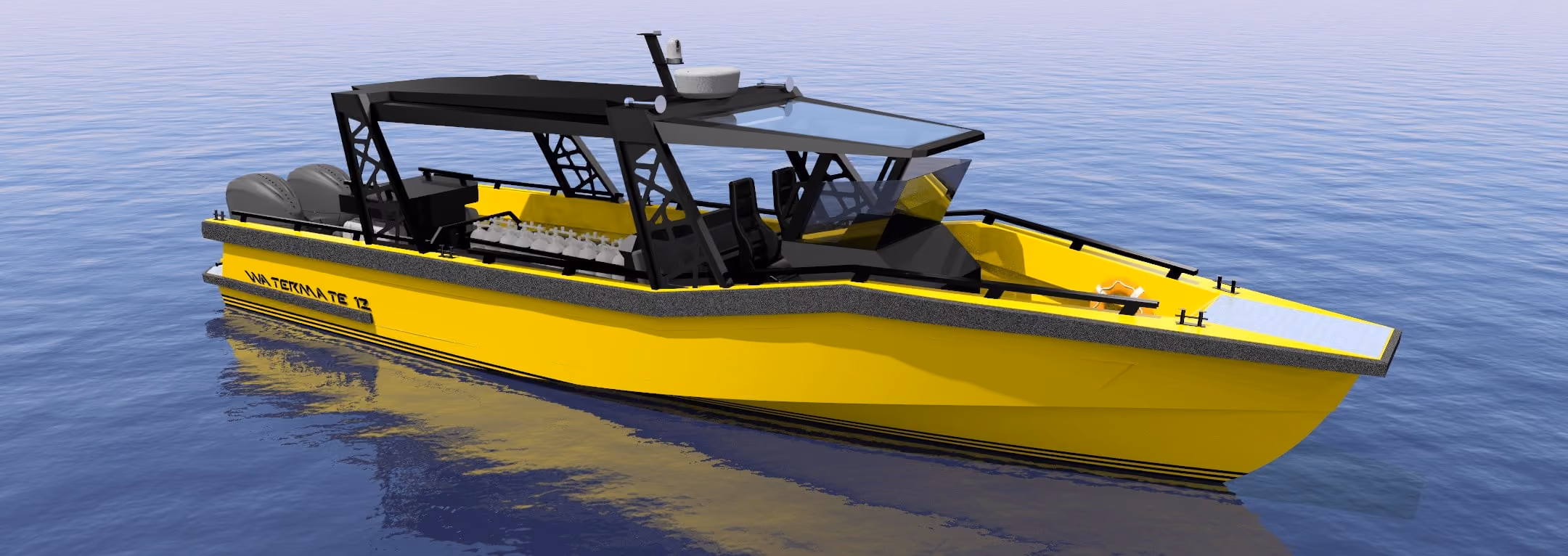 Design render of the AO12 Safari passenger boat in the hardtop diver configuration, seen from the bow quarter with the helm forward and the cylinder racks behind it