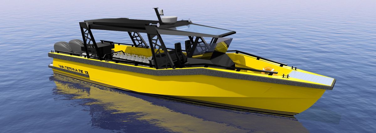 Design render of the AO12 Safari passenger boat in the hardtop diver configuration, seen from the bow quarter with the helm forward and the cylinder racks behind it
