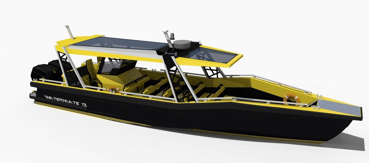 Design render of the AO12 Safari passenger boat with a full-length hardtop over passenger benches and the helm aft, in a yellow hull colour