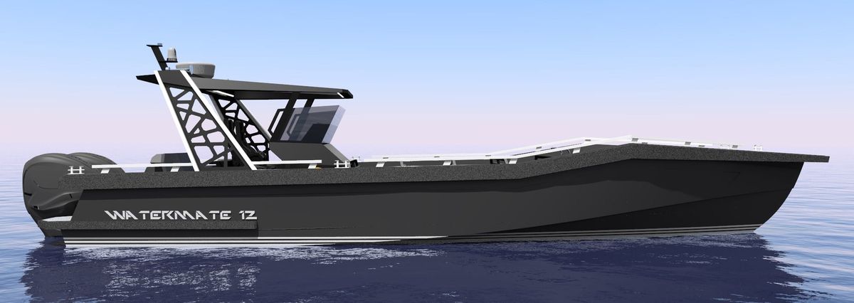 Design render of the AO12 Safari afloat in profile, showing the sheer line running aft from the raised bow to the low boarding freeboard