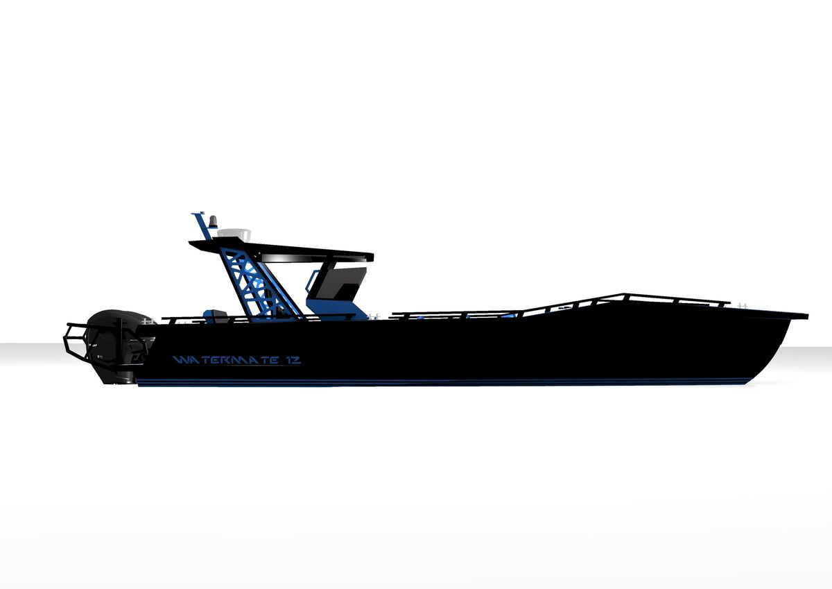 Side elevation render of the AO12 Safari showing the full twelve-metre profile, the T-top over the helm console and the transom-mounted outboards