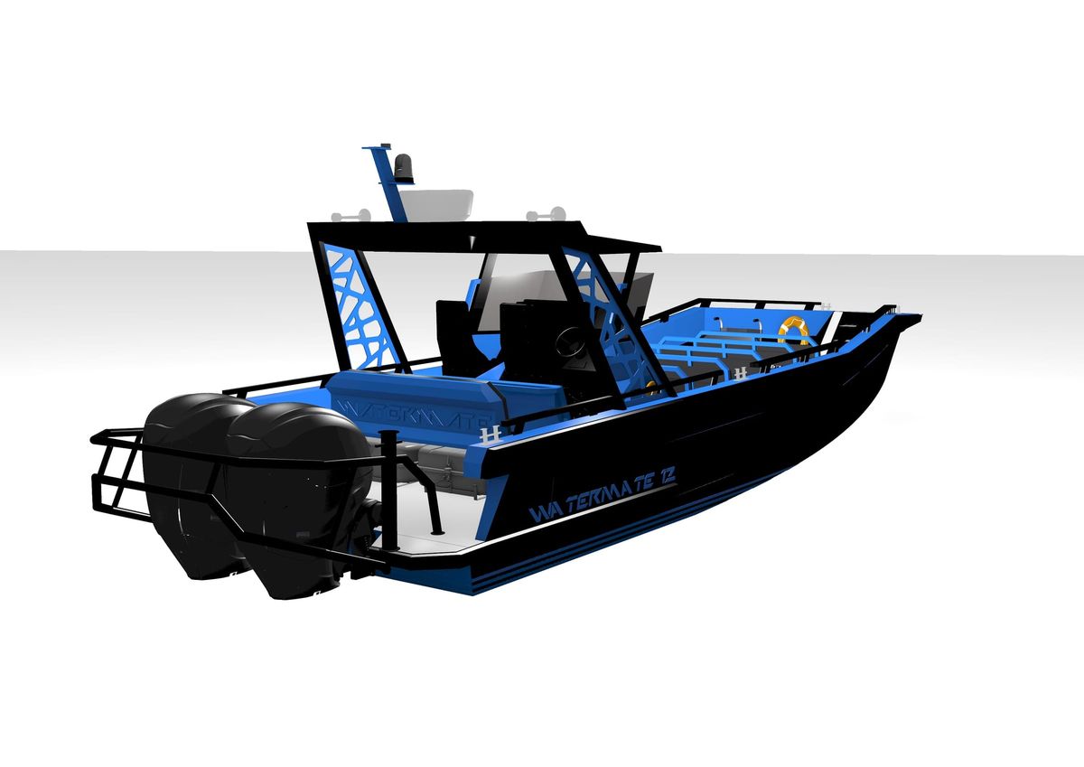 Design render of the AO12 Safari from the stern quarter, showing the twin outboards on the transom and the walkway aft of the helm console