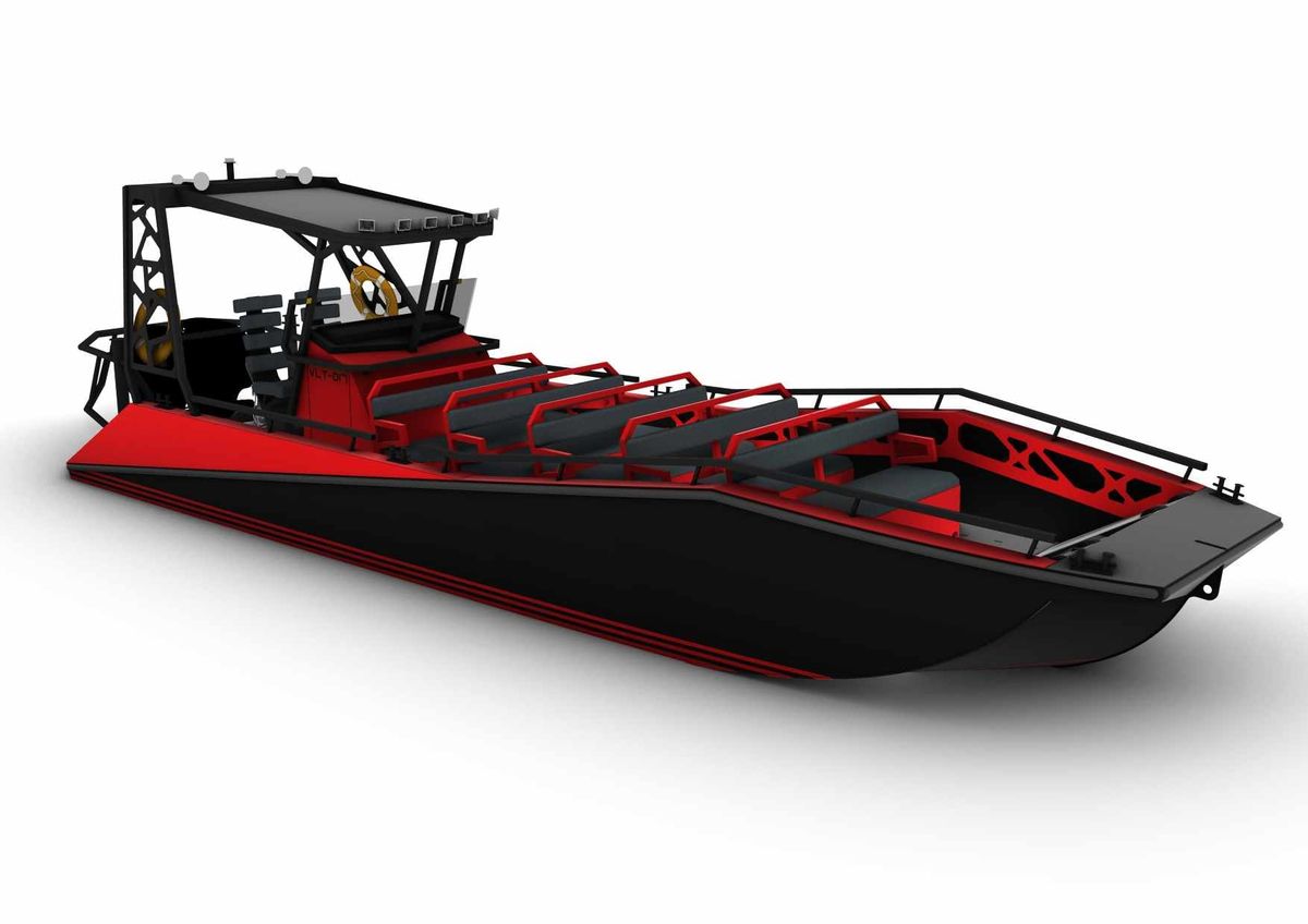 Design render of the HDPE LR9 Safari passenger boat from the bow quarter, black hull with red trim, five rows of passenger benches on the open forward deck and a hardtop over the helm behind them