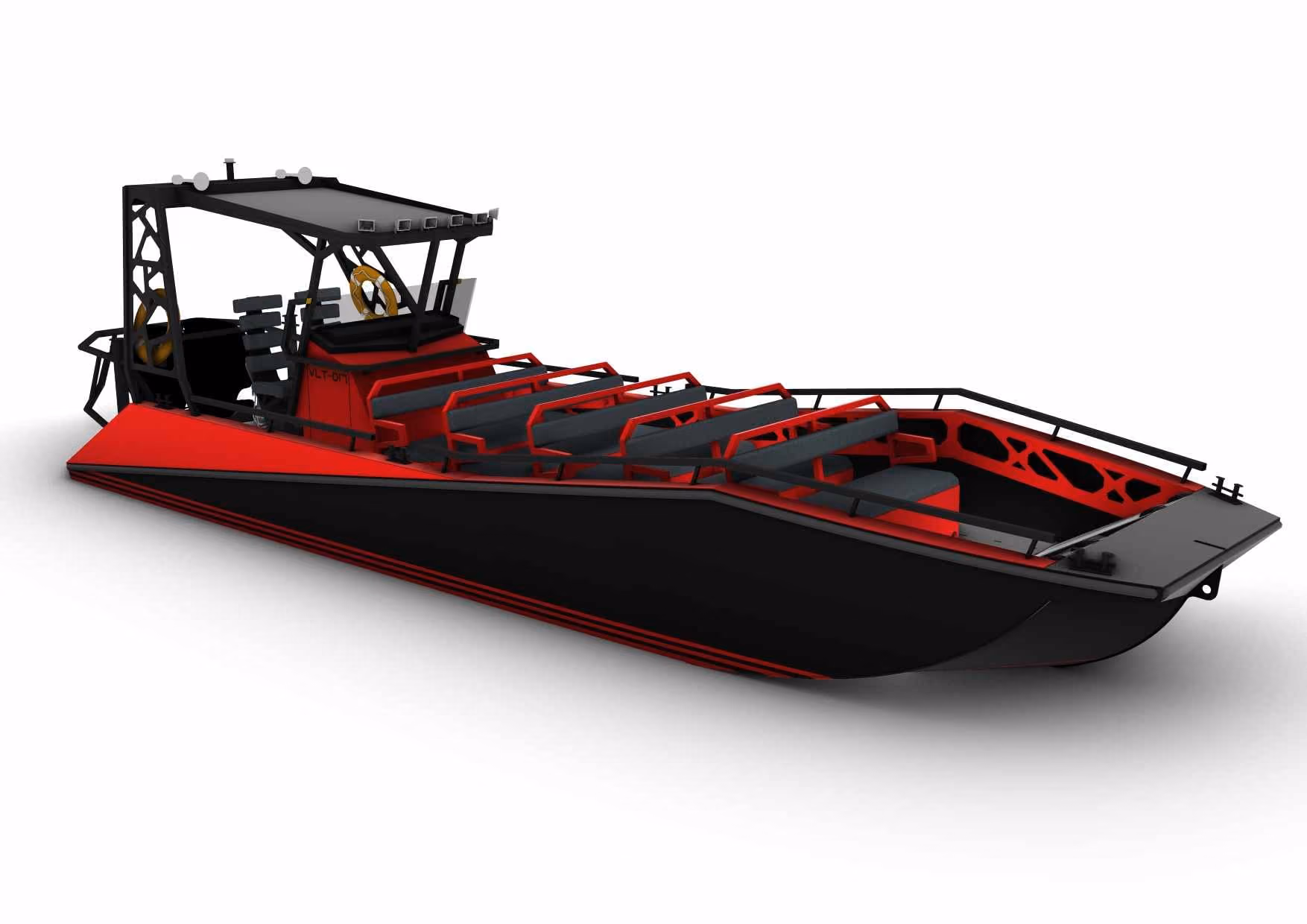 Design render of the HDPE LR9 Safari passenger boat from the bow quarter, black hull with red trim, five rows of passenger benches on the open forward deck and a hardtop over the helm behind them