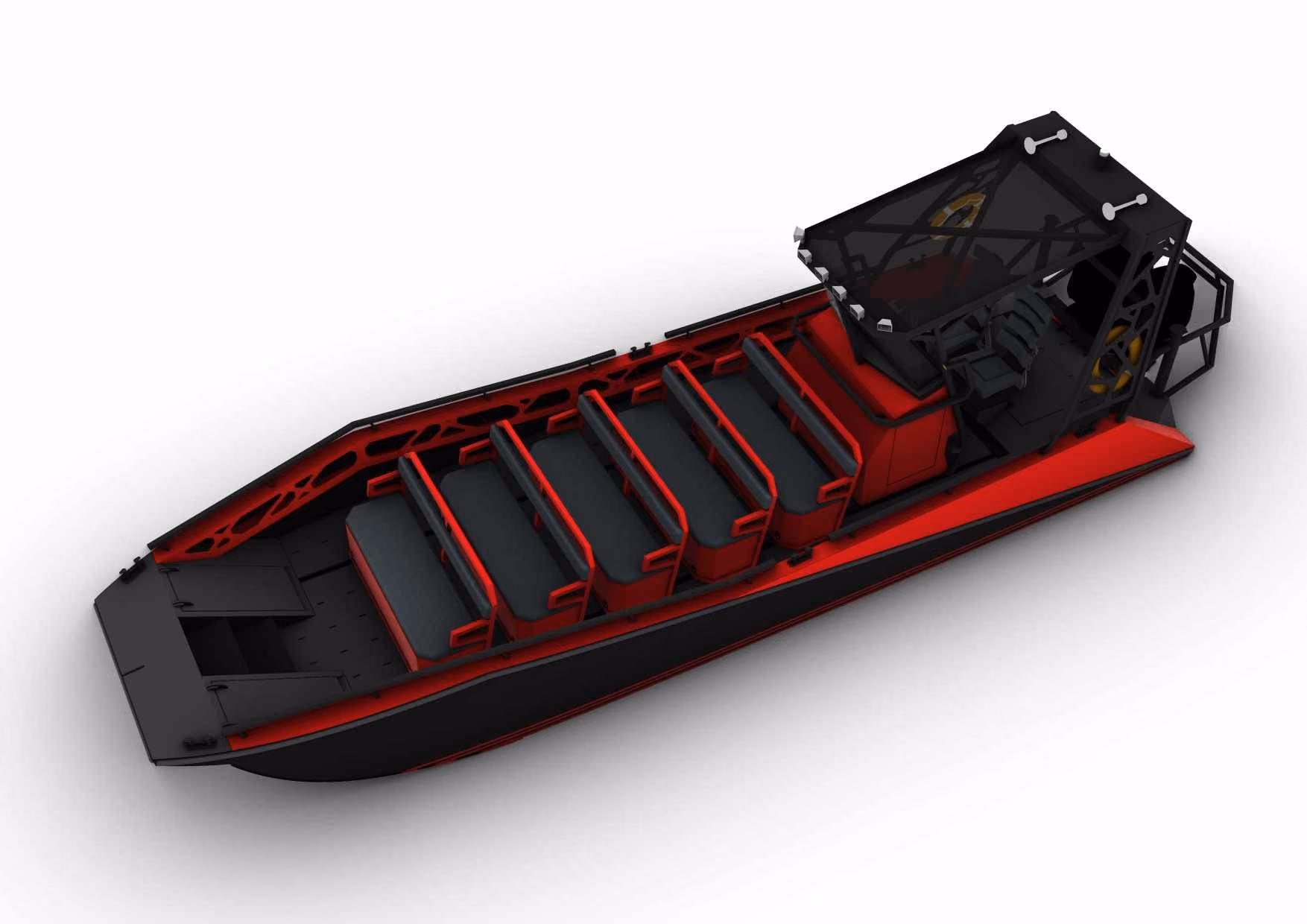 Design render looking aft along the open deck of the HDPE LR9 Safari, the five bench rows and the centre walkway leading to the helm