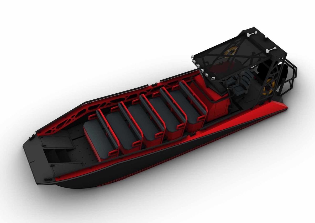 Design render looking aft along the open deck of the HDPE LR9 Safari, the five bench rows and the centre walkway leading to the helm
