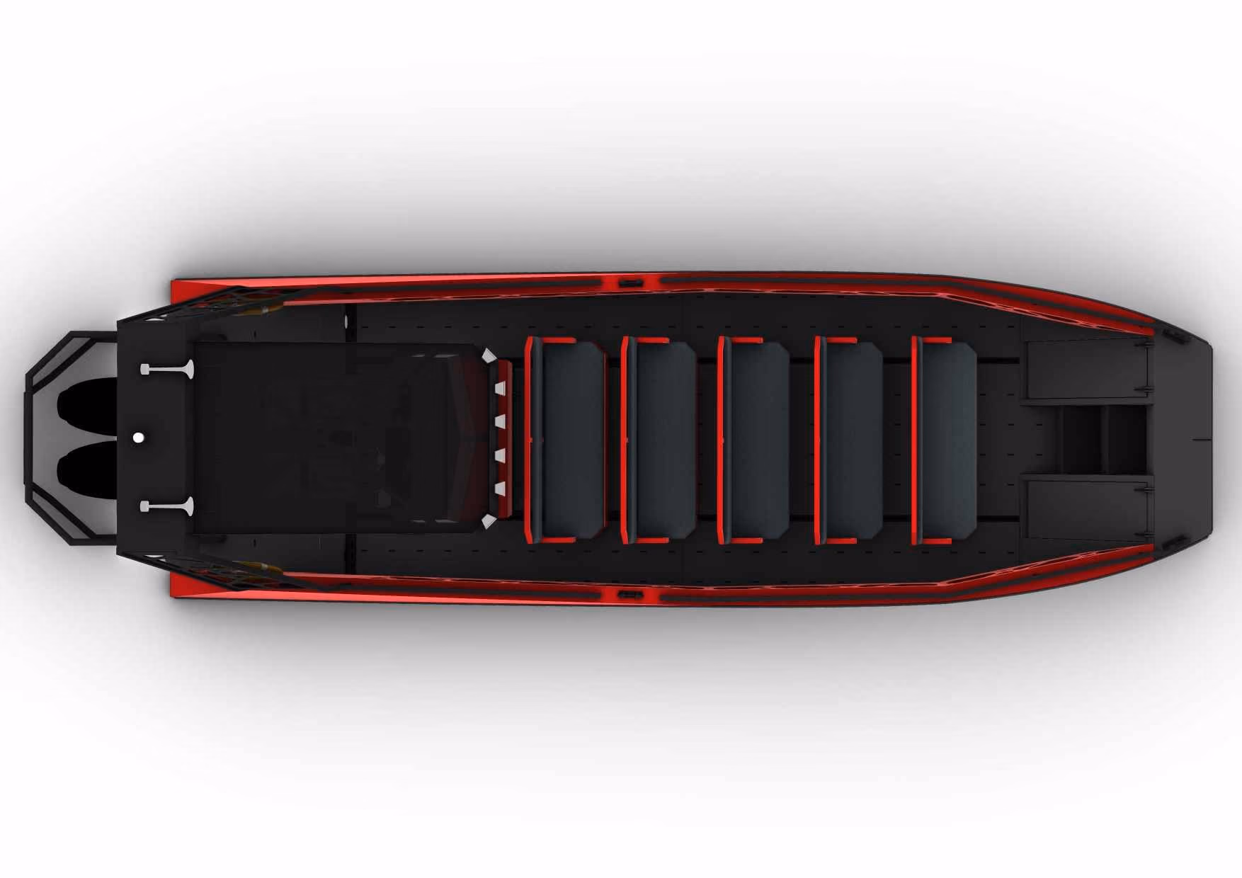 Plan view design render of the HDPE LR9 Safari from directly above, showing the deck layout with five bench rows forward and the helm console aft