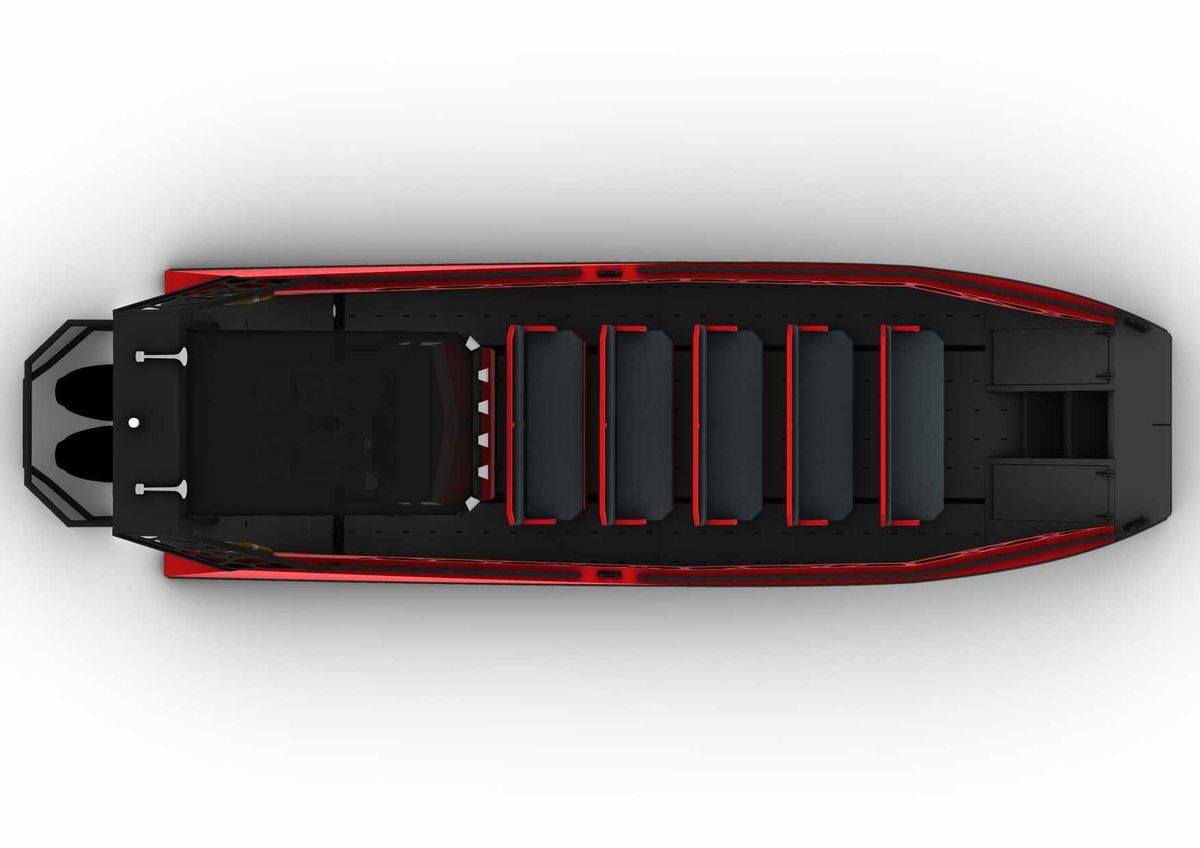 Plan view design render of the HDPE LR9 Safari from directly above, showing the deck layout with five bench rows forward and the helm console aft