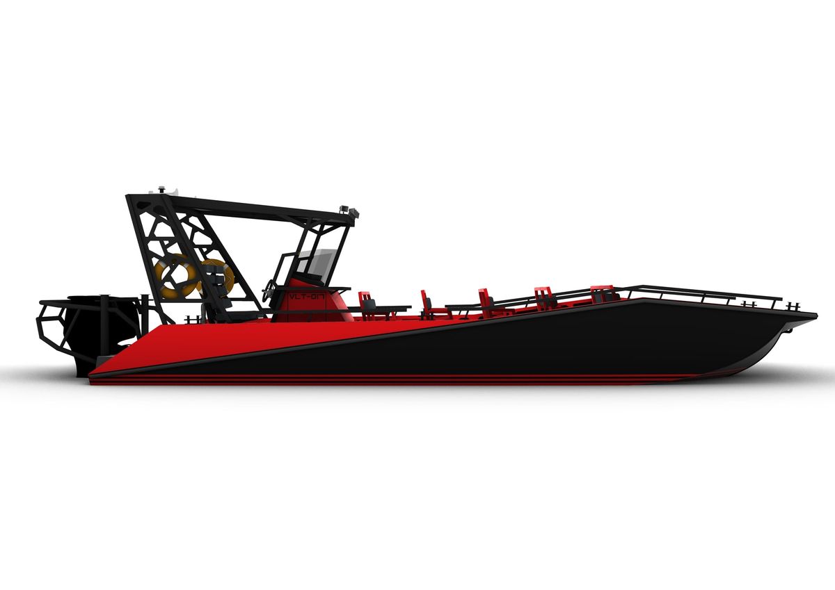 Side profile design render of the HDPE LR9 Safari passenger boat, showing the low freeboard, the long open deck and the hardtop frame over the helm