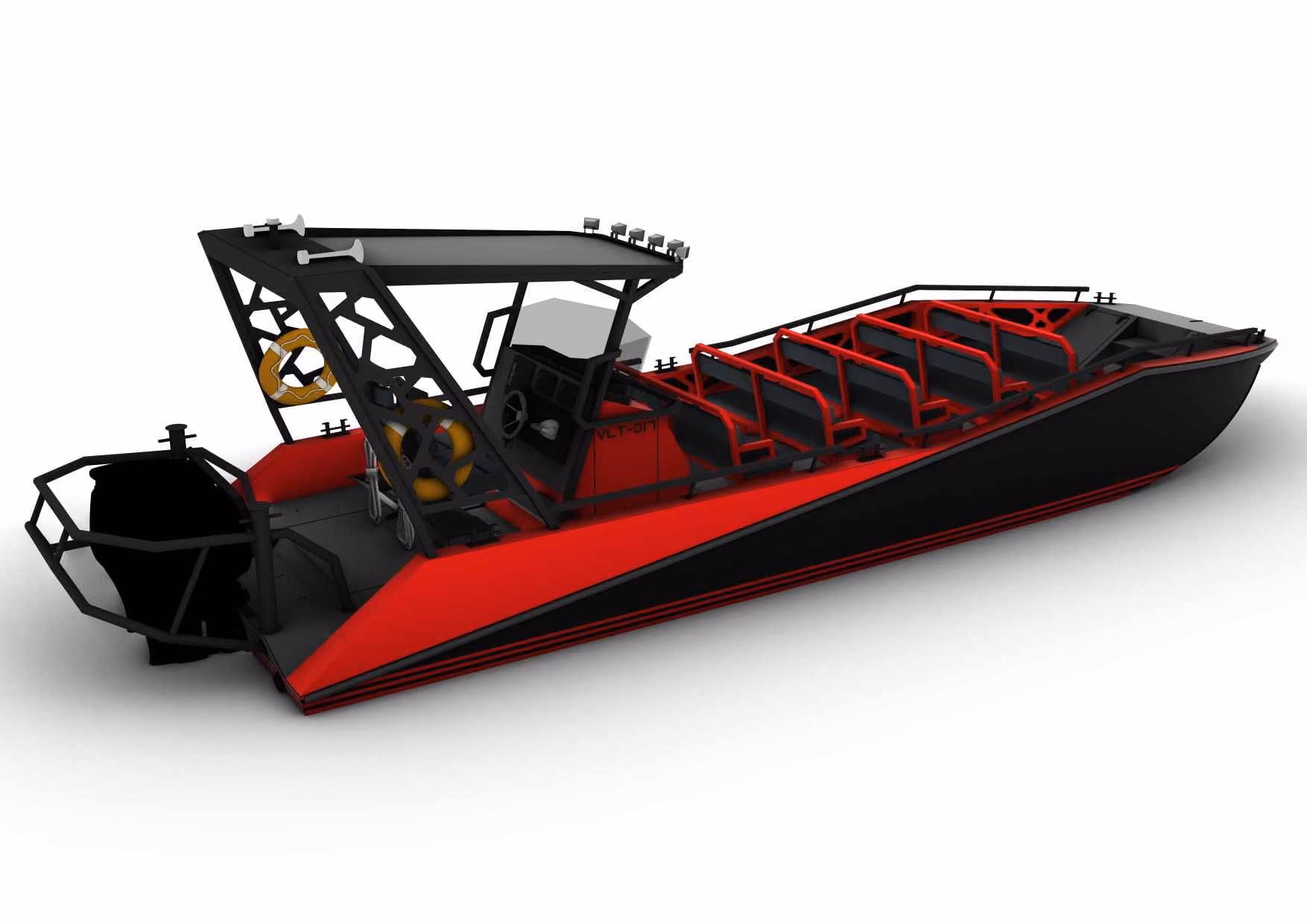 Design render of the HDPE LR9 Safari from the stern quarter, showing the aft boarding platform and the helm position